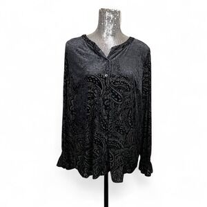 Whimsigoth Burnout Velvet Paisley Tunic Top 18W Plus Size Black Smocked Sleeve